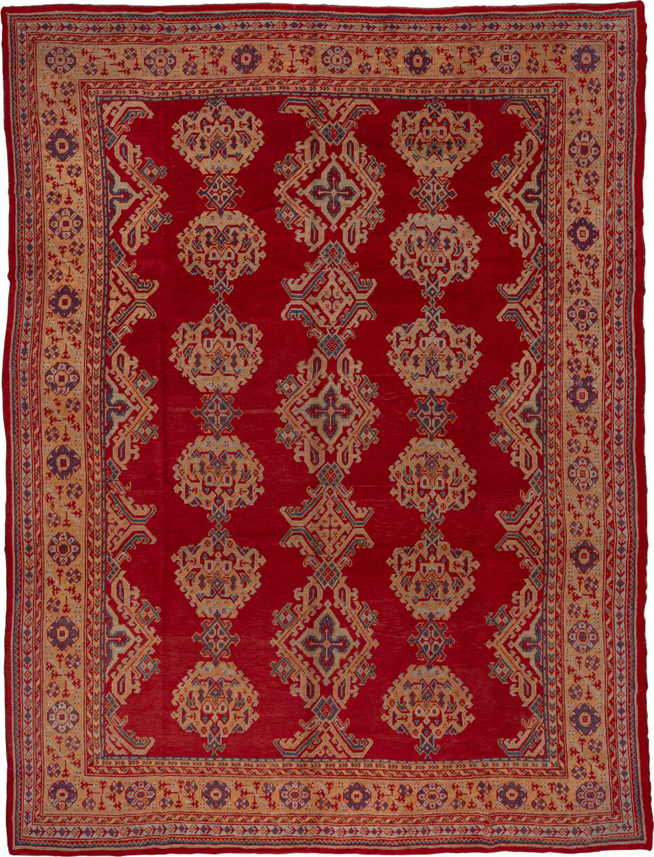 10' x 13' one-of-a-kind handmade antique Oushak large size rug. Color palette: red, ivory, navy, camel, rust, sky_blue, blue