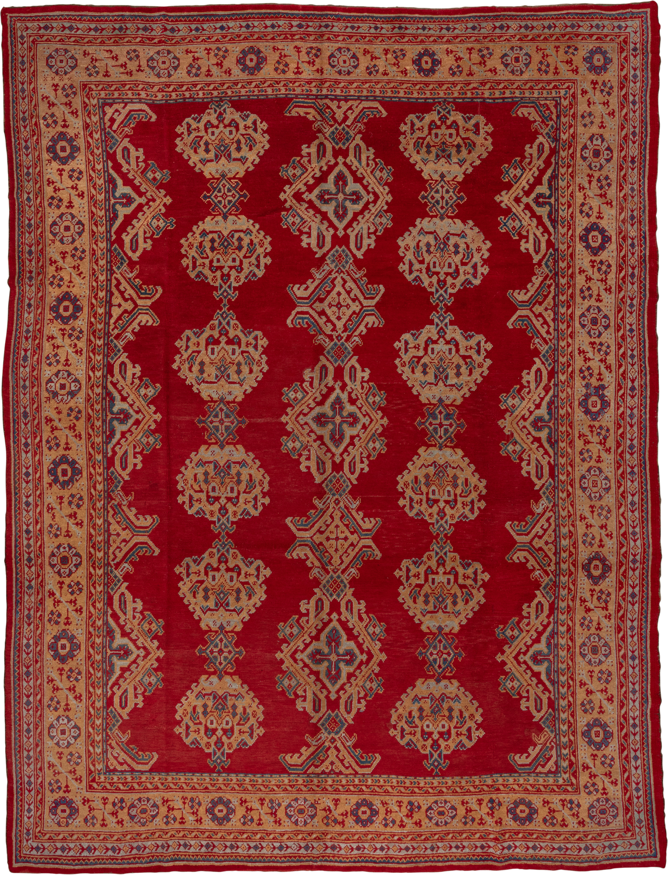 10' x 13' one-of-a-kind handmade antique Oushak large size rug. Color palette: red, ivory, navy, camel, rust, sky_blue, blue