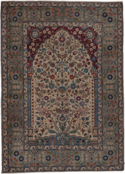 4' x 6' one-of-a-kind handmade antique Tabriz small size rug. Color palette: ivory, blue-gray, burgundy, navy, rose, sage