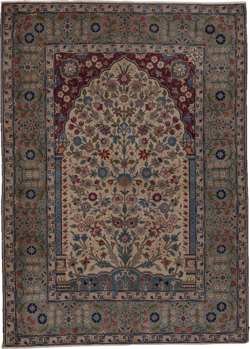 4' x 6' one-of-a-kind handmade antique Tabriz small size rug. Color palette: ivory, blue-gray, burgundy, navy, rose, sage