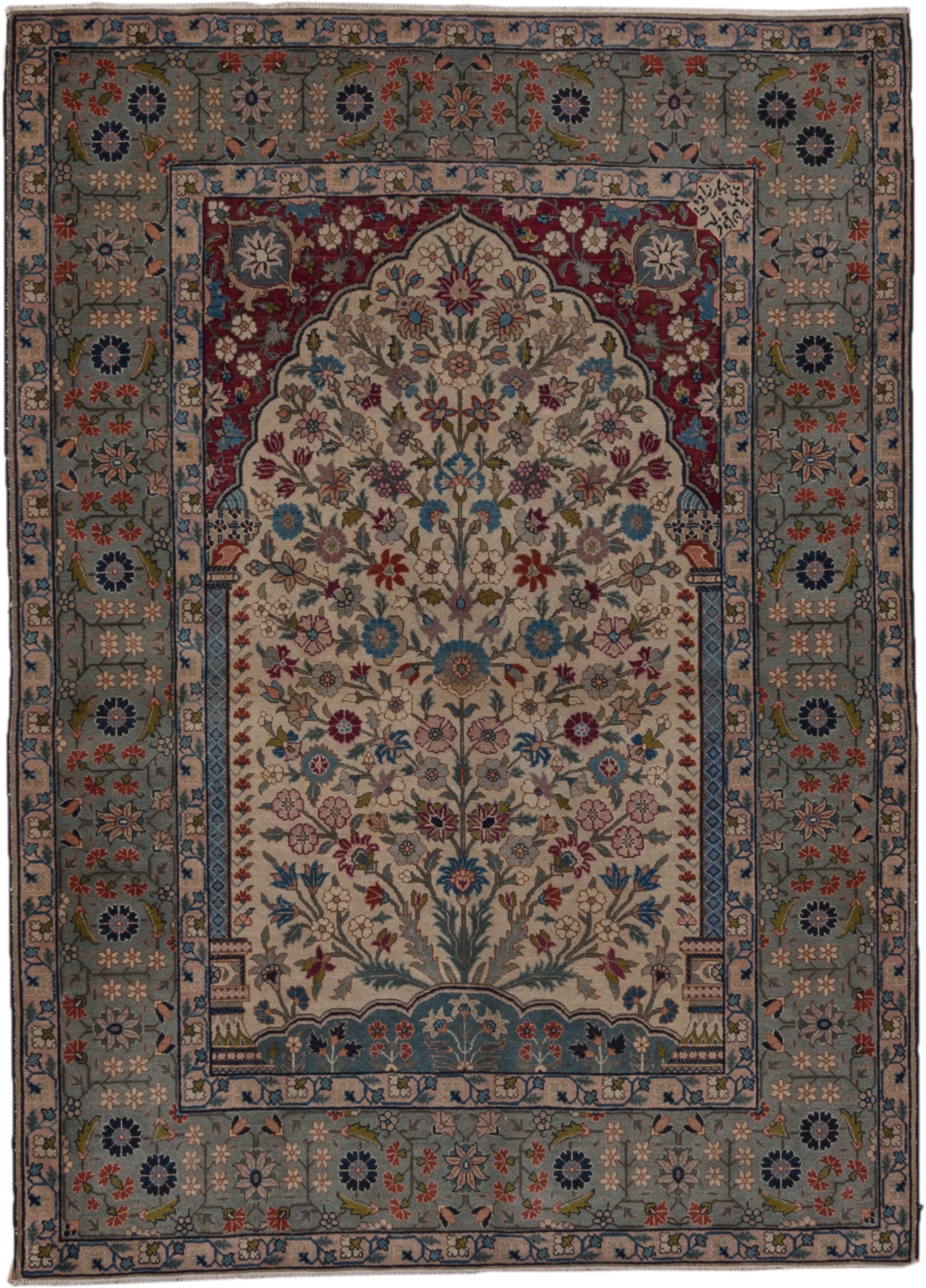 4' x 6' one-of-a-kind handmade antique Tabriz small size rug. Color palette: ivory, blue-gray, burgundy, navy, rose, sage