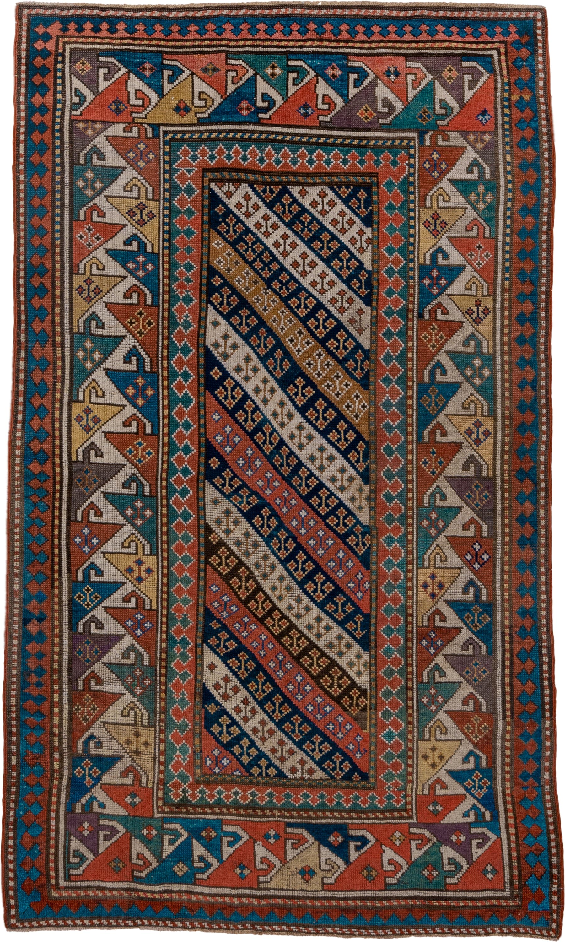3' x 6' one-of-a-kind handmade antique Kazak small size rug. Color palette: ivory, navy, turquoise, rust, camel, terracotta