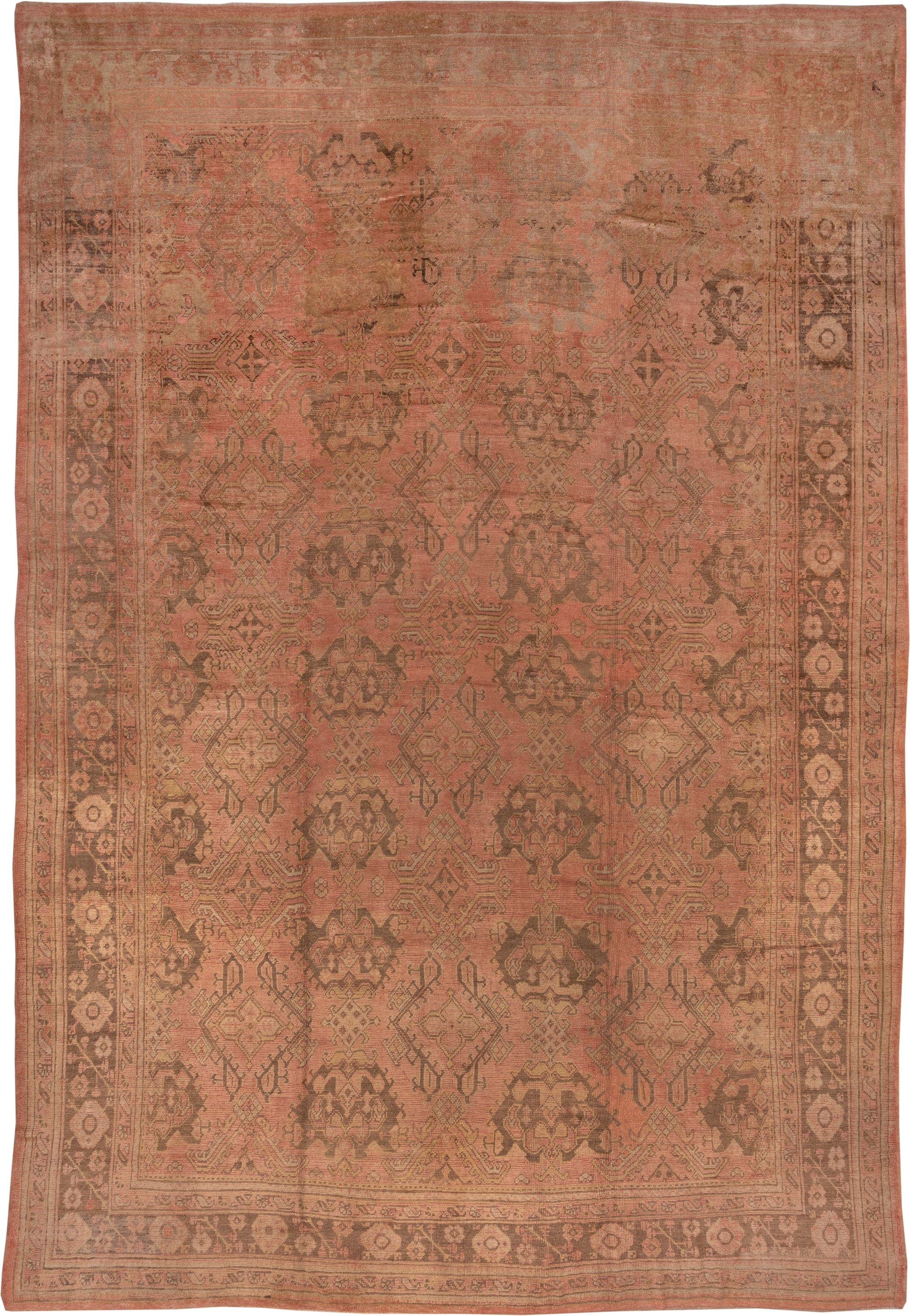13' x 20' one-of-a-kind handmade antique Oushak oversize rug. Color palette: salmon, taupe, brown, beige, rose, camel, pink