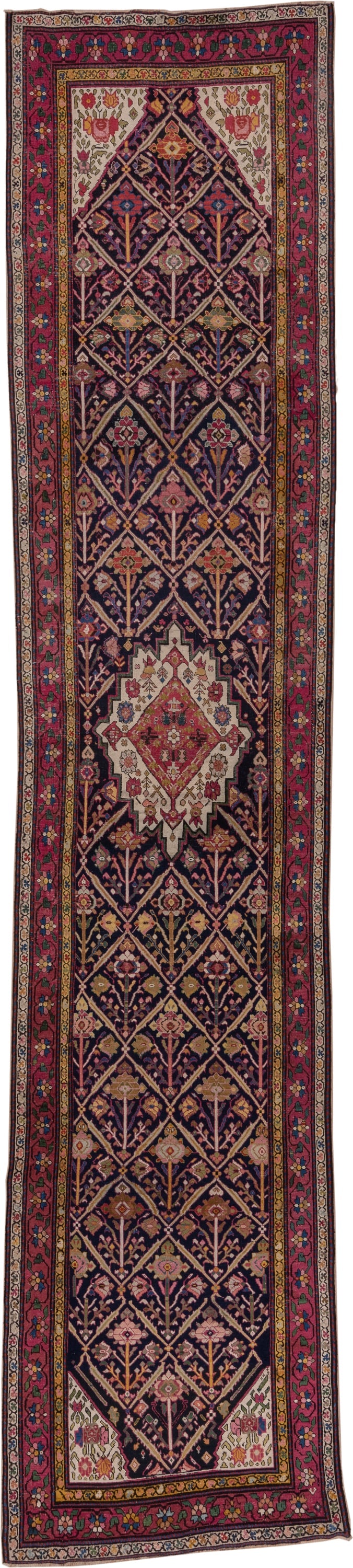3' x 16' one-of-a-kind handmade antique Karabagh runner rug. Color palette: navy, rose, ivory, rust, gold, burgundy, olive