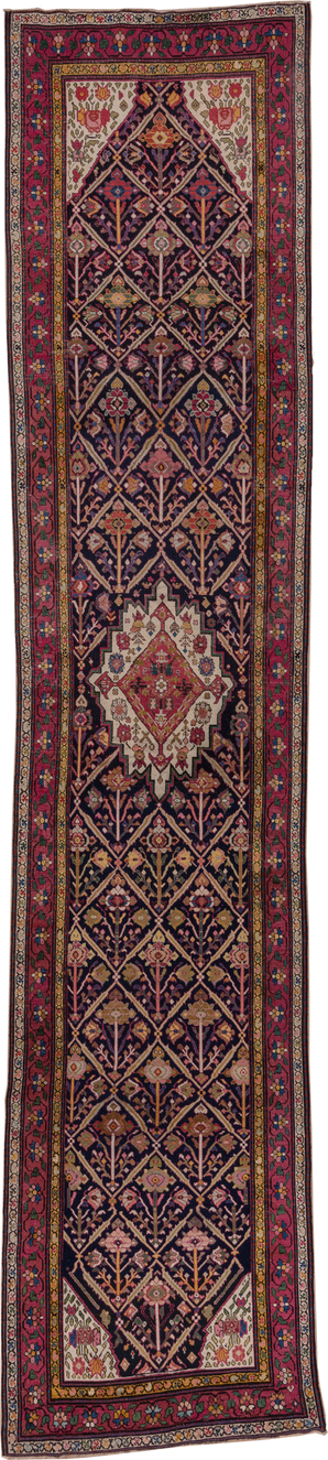 3' x 16' one-of-a-kind handmade antique Karabagh runner rug. Color palette: navy, rose, ivory, rust, gold, burgundy, olive