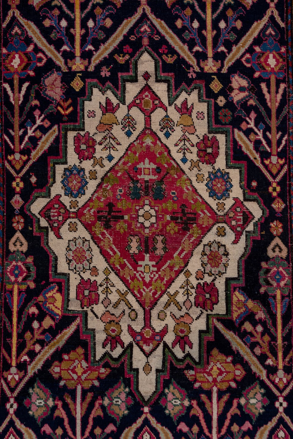 3' x 16' one-of-a-kind handmade antique Karabagh runner rug. Color palette: navy, rose, ivory, rust, gold, burgundy, olive
