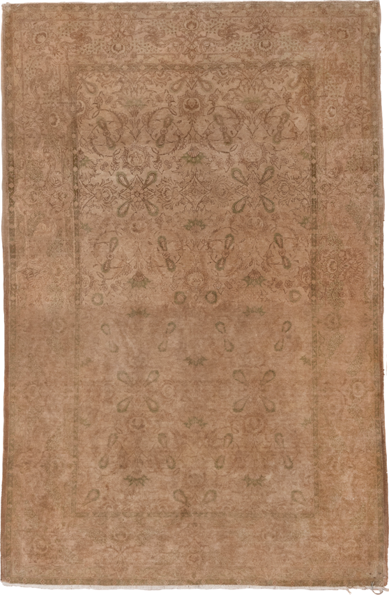 4' x 6' one-of-a-kind handmade antique Kashan small size rug. Color palette: taupe, camel, beige, sage, ivory, sand, gray