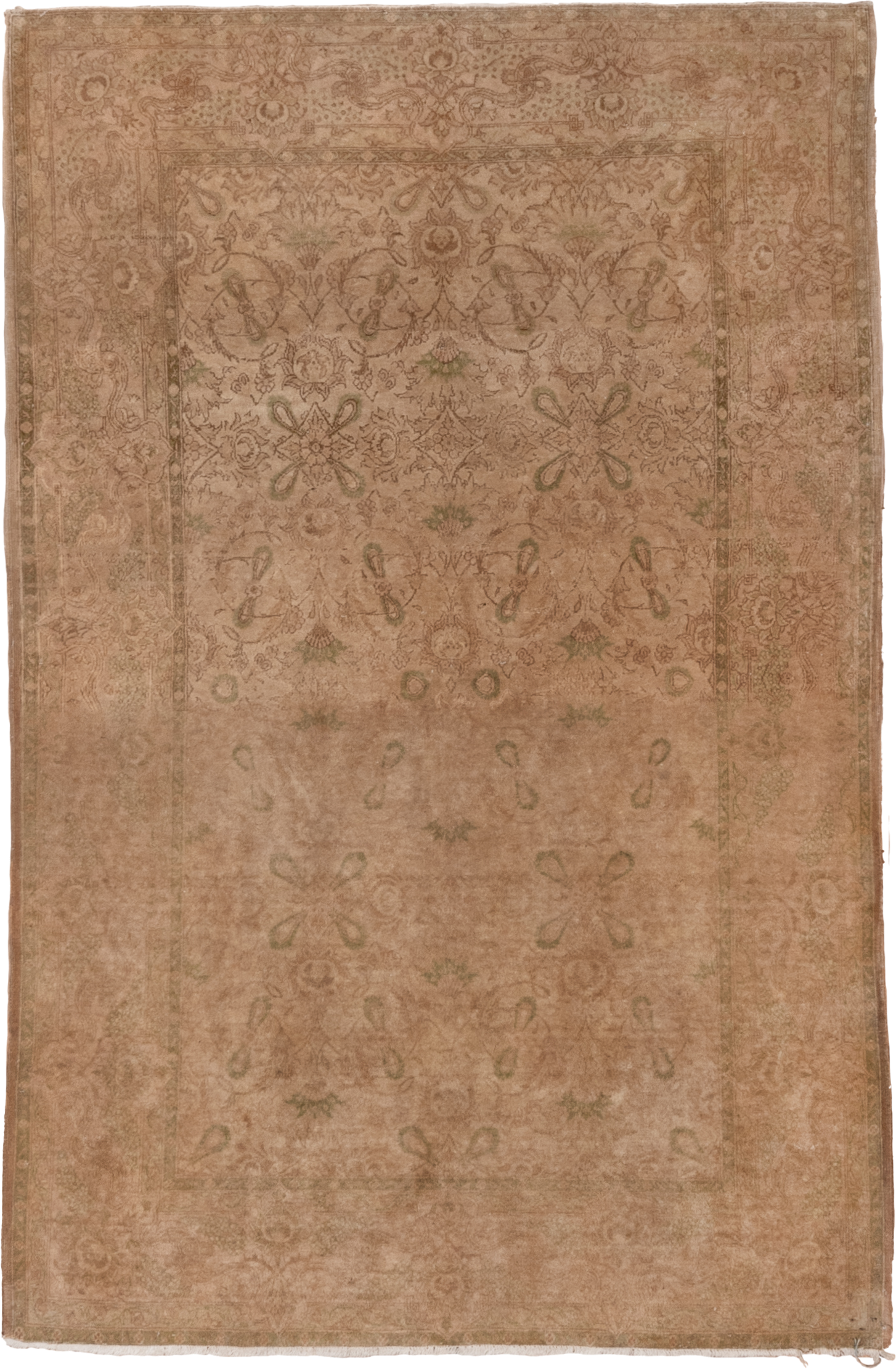 4' x 6' one-of-a-kind handmade antique Kashan small size rug. Color palette: taupe, camel, beige, sage, ivory, sand, gray