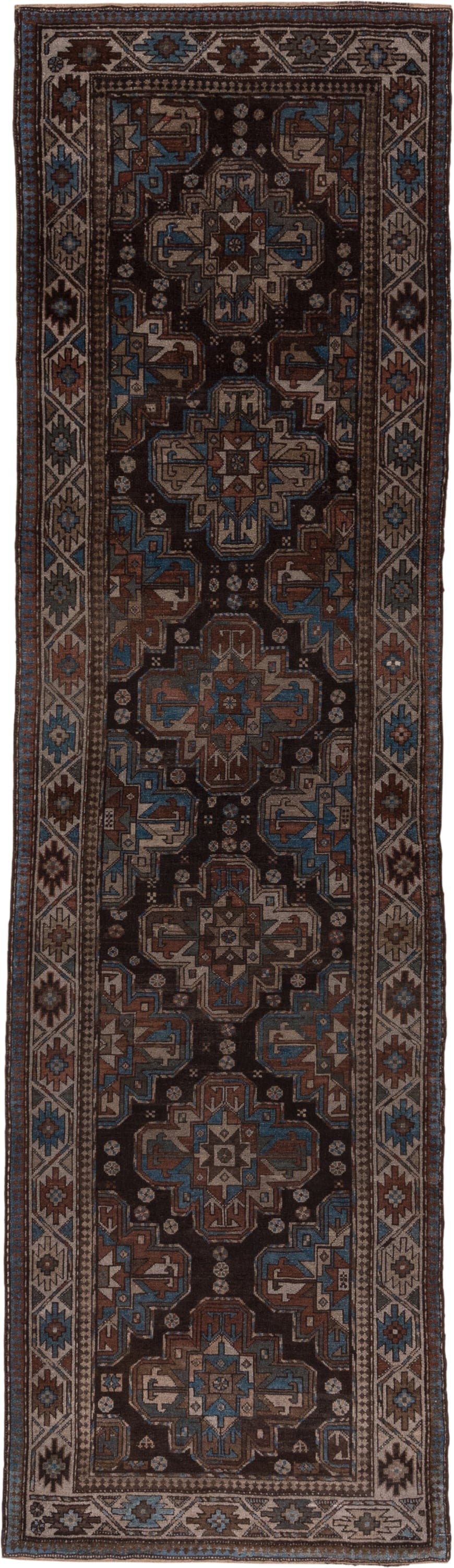 3' x 12' one-of-a-kind handmade antique Malayer runner rug. Color palette: brown, ivory, sky blue, taupe, rust, charcoal