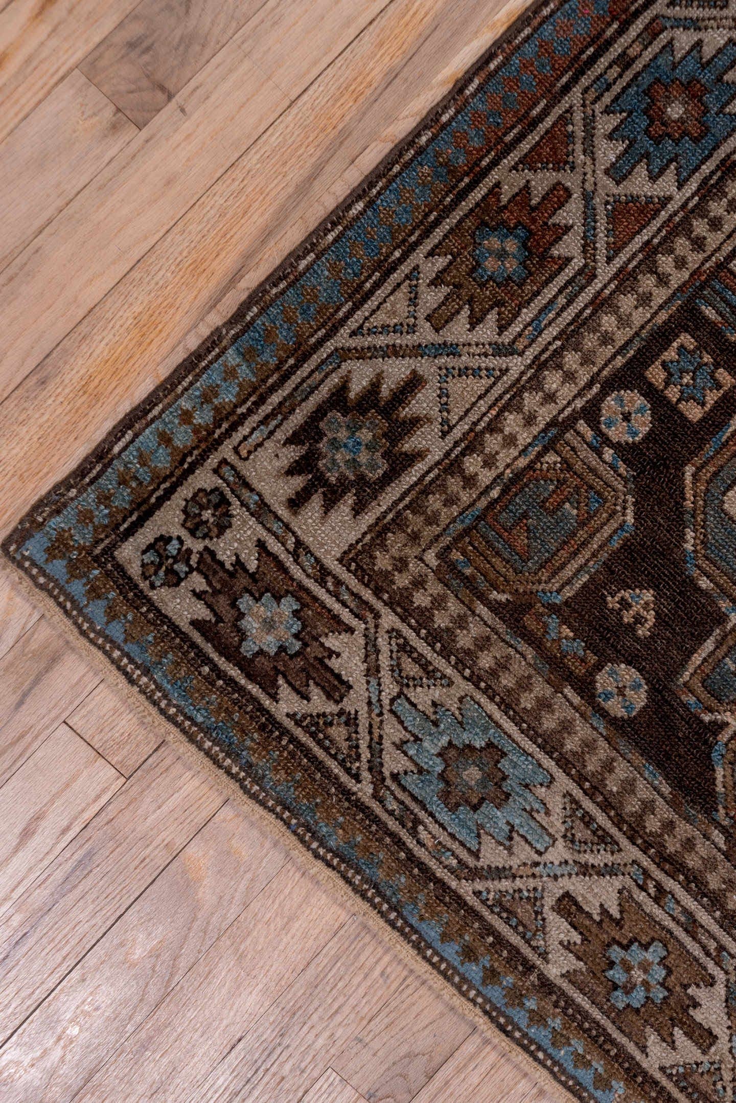 3' x 12' one-of-a-kind handmade antique Malayer runner rug. Color palette: brown, ivory, sky blue, taupe, rust, charcoal