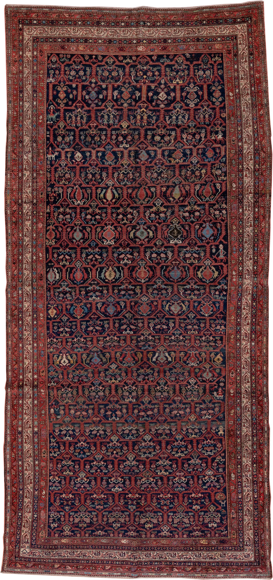 5' x 12' one-of-a-kind handmade antique Malayer rug. Color palette: navy, rust, ivory, crimson, slate, camel, blue