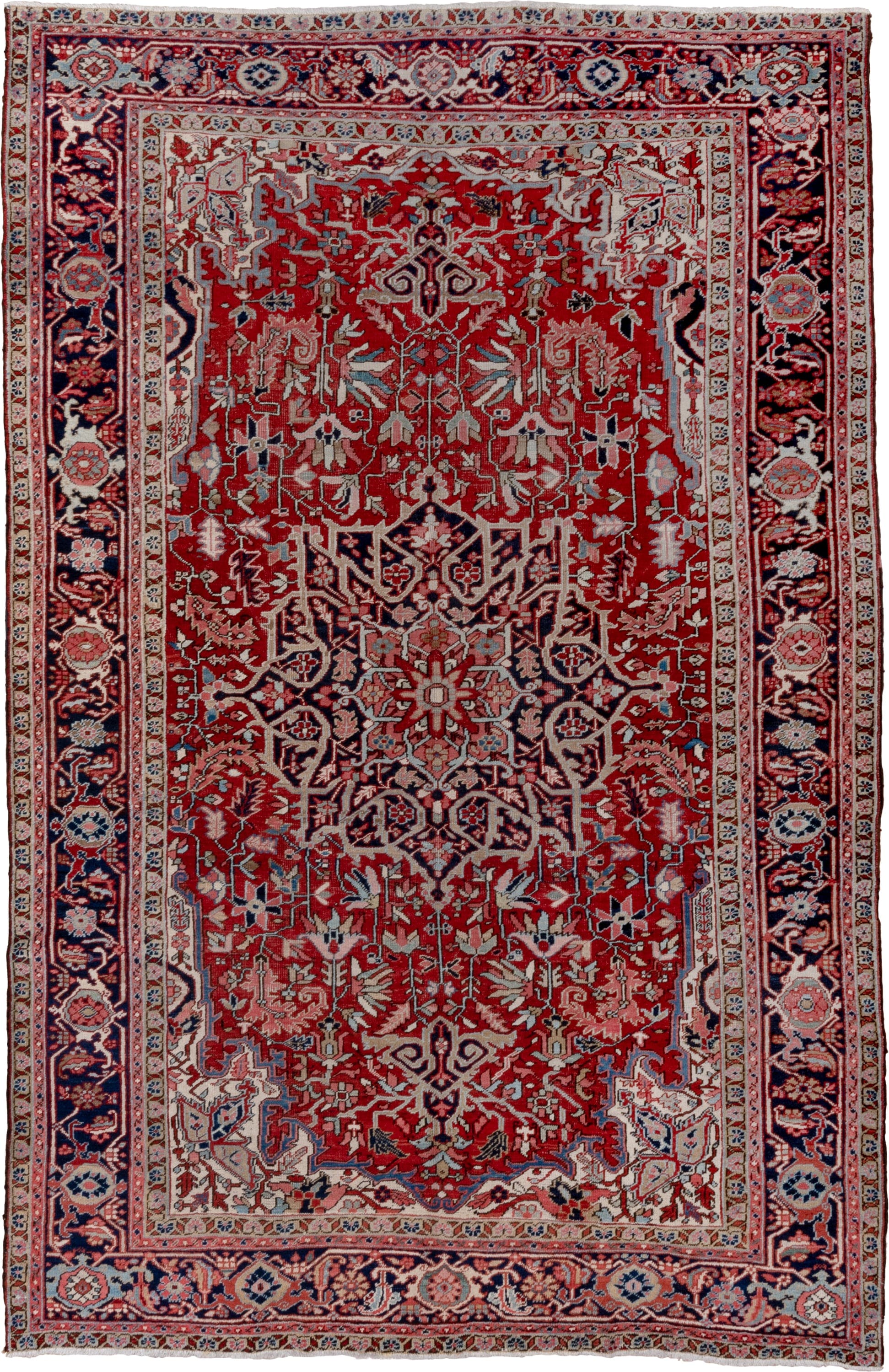 7' x 10' one-of-a-kind handmade antique Heriz large size rug. Color palette: red, navy, ivory, sky blue, rose, burgundy
