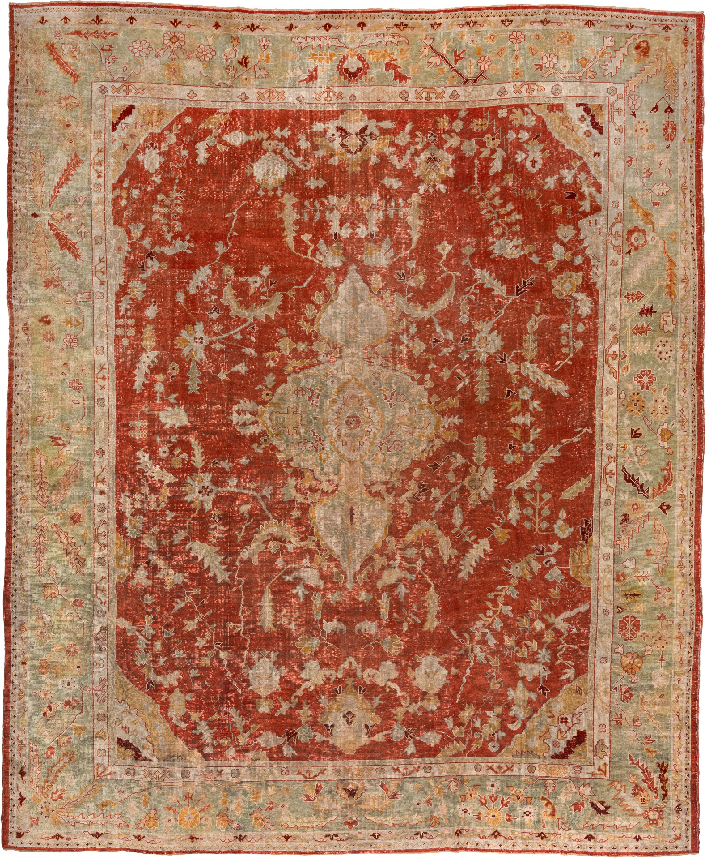 13' x 15' one-of-a-kind handmade antique Oushak oversize rug. Color palette: rust, ivory, sage, gold, terra cotta, beige
