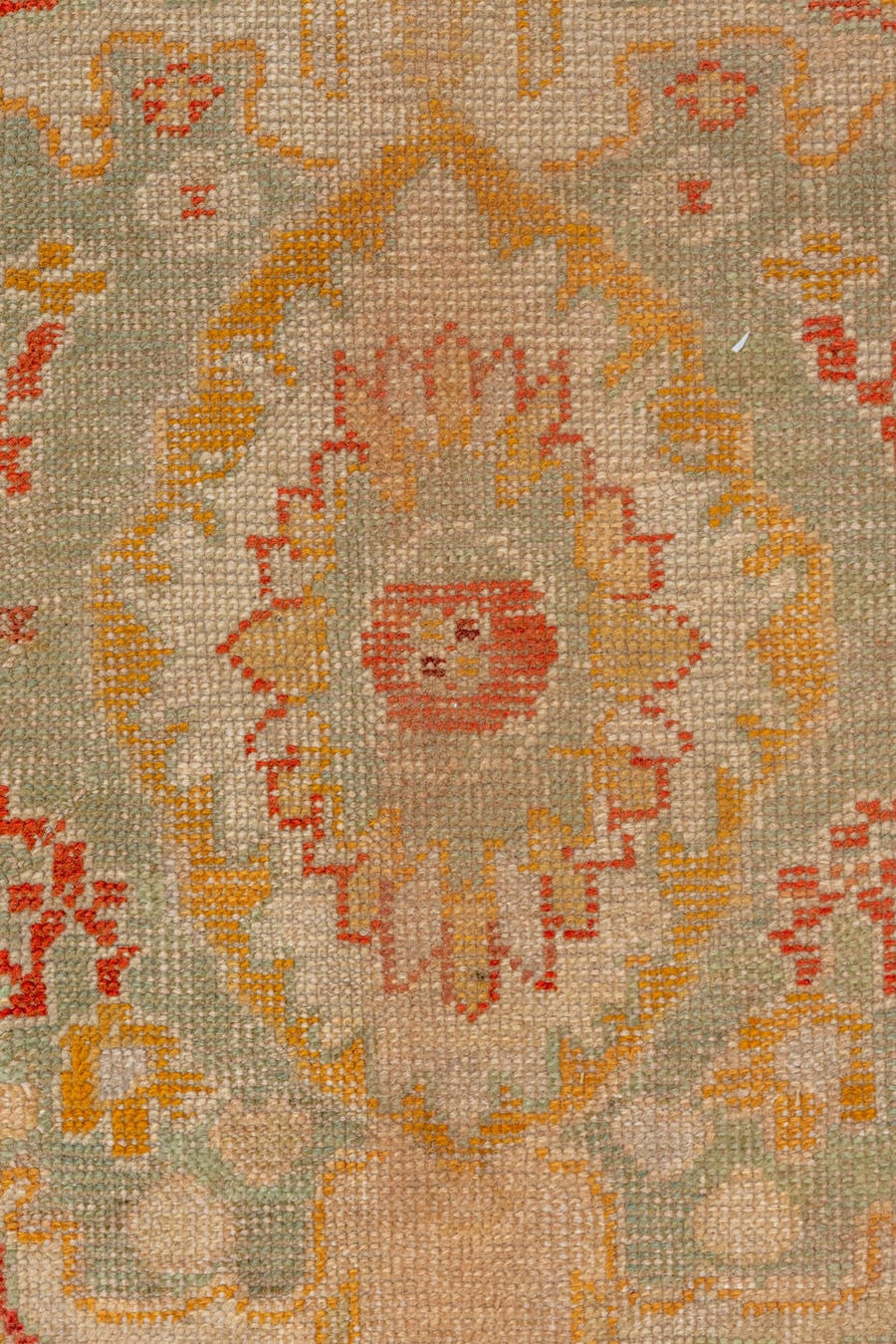 13' x 15' one-of-a-kind handmade antique Oushak oversize rug. Color palette: rust, ivory, sage, gold, terra cotta, beige
