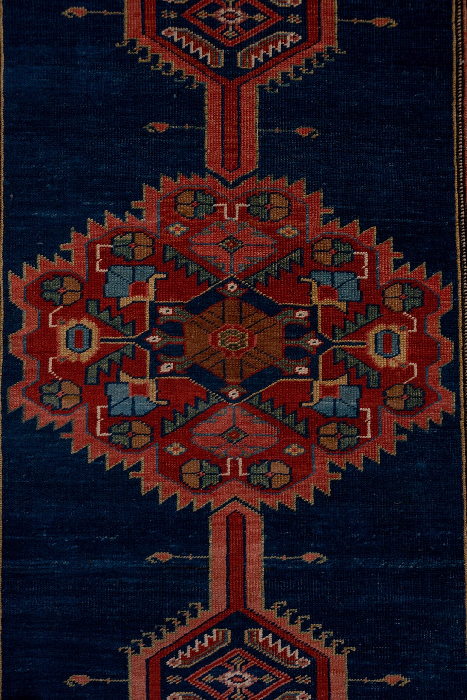3' x 17' one-of-a-kind handmade antique Serapi runner rug. Color palette: navy, rust, camel, ivory, terra cotta, sage