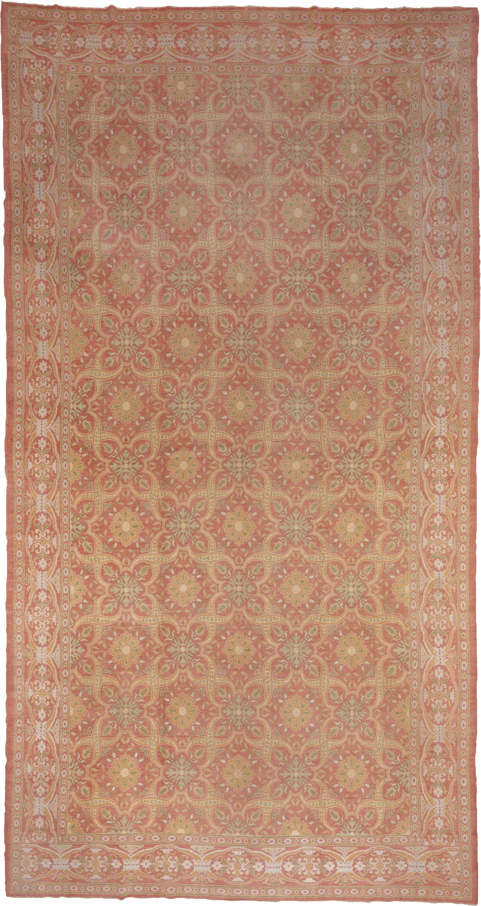 10' x 20' one-of-a-kind handmade antique Spanish rug. Color palette: coral, ivory, gold, sage, terra cotta, terracotta