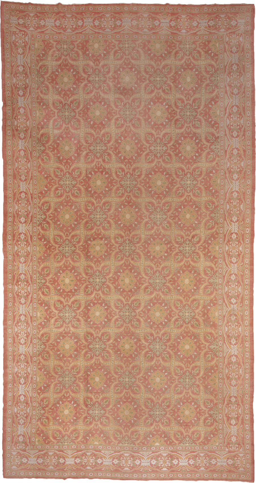 10' x 20' one-of-a-kind handmade antique Spanish rug. Color palette: coral, ivory, gold, sage, terra cotta, terracotta