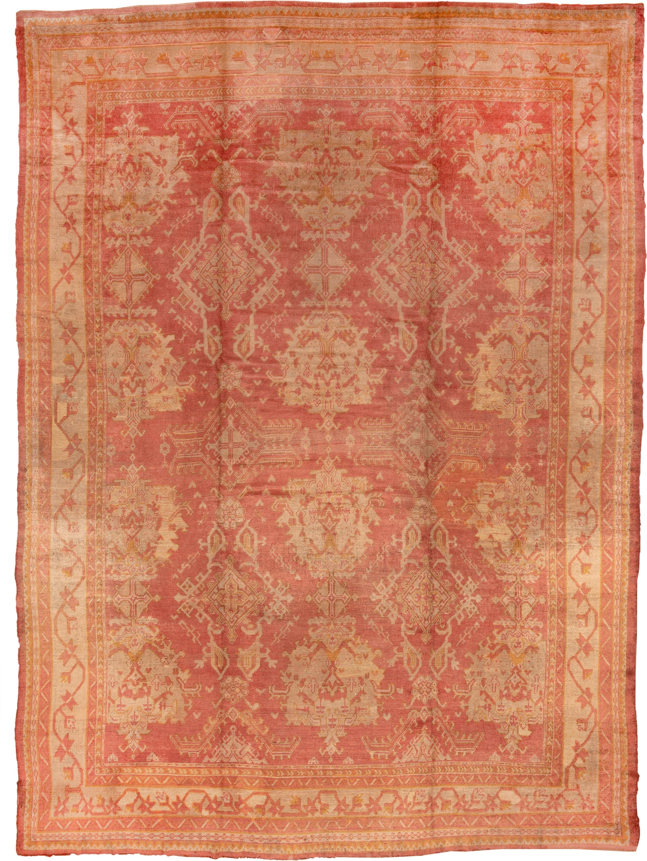 13' x 17' one-of-a-kind handmade antique Oushak oversize rug. Color palette: coral, ivory, apricot, beige, gold, salmon