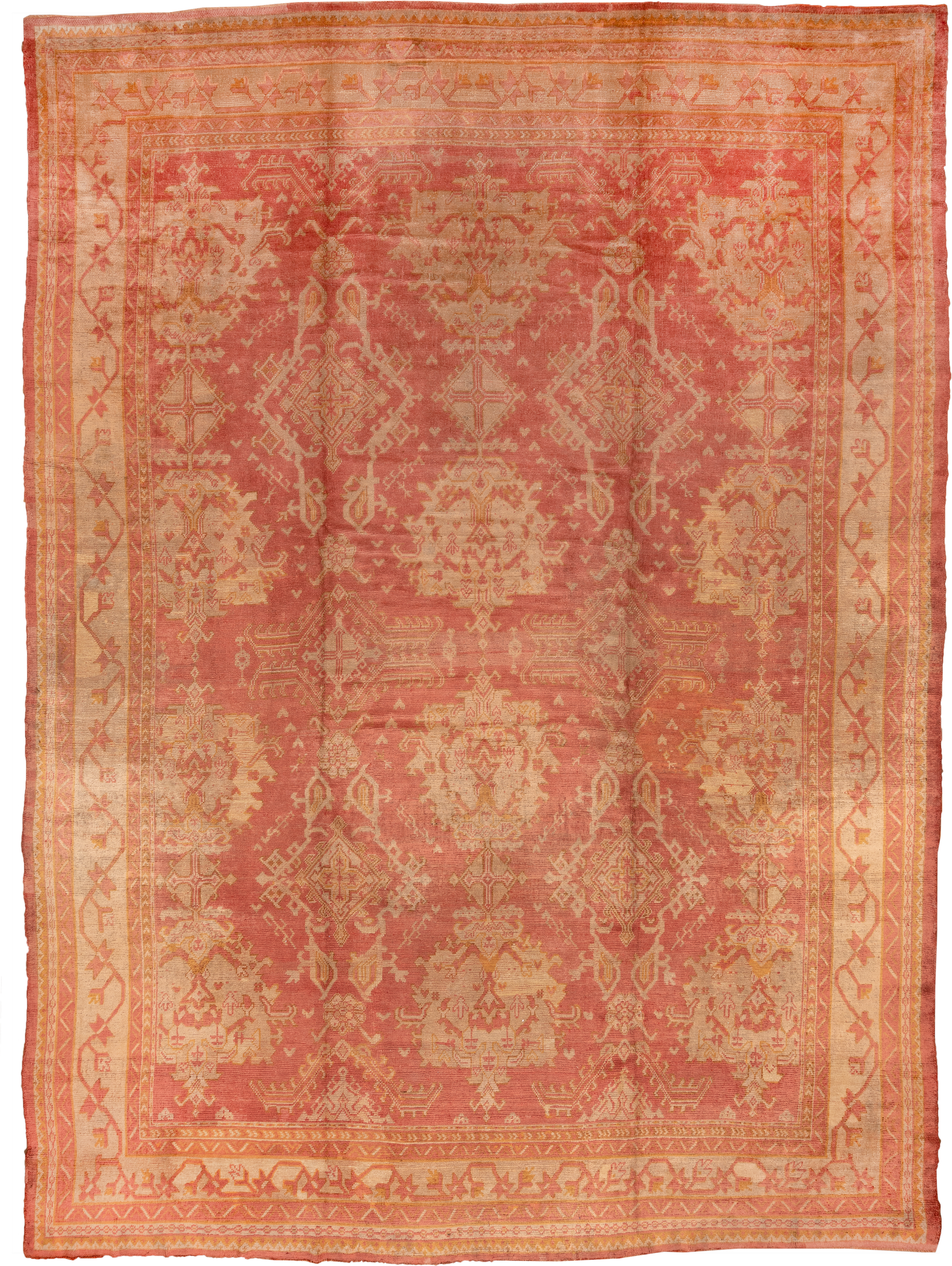 13' x 17' one-of-a-kind handmade antique Oushak oversize rug. Color palette: coral, ivory, apricot, beige, gold, salmon
