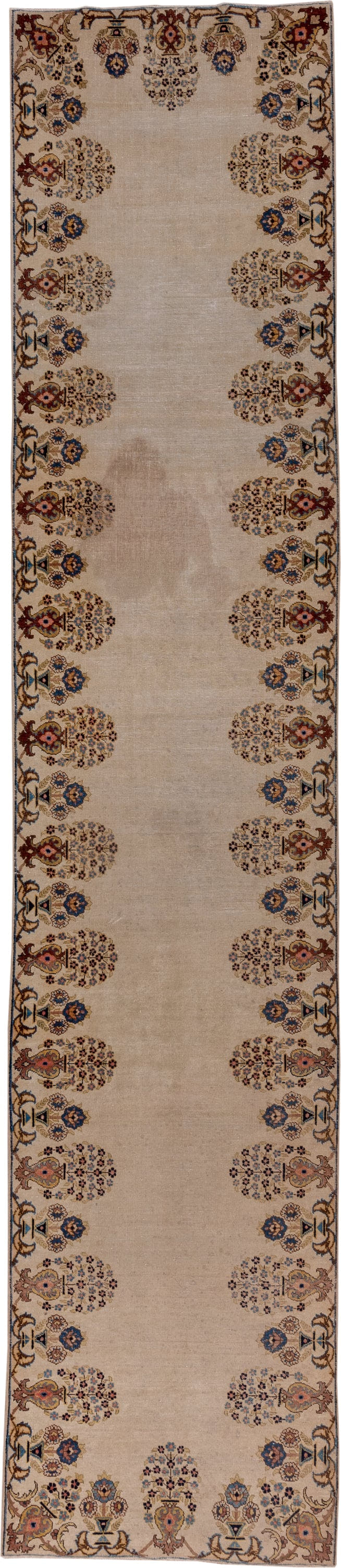 2' x 13' one-of-a-kind handmade antique Tabriz runner rug. Color palette: ivory, navy, taupe, rust, gold, camel, rose