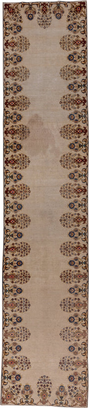 2' x 13' one-of-a-kind handmade antique Tabriz runner rug. Color palette: ivory, navy, taupe, rust, gold, camel, rose