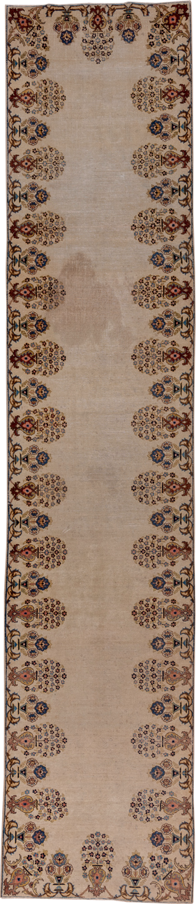 2' x 13' one-of-a-kind handmade antique Tabriz runner rug. Color palette: ivory, navy, taupe, rust, gold, camel, rose