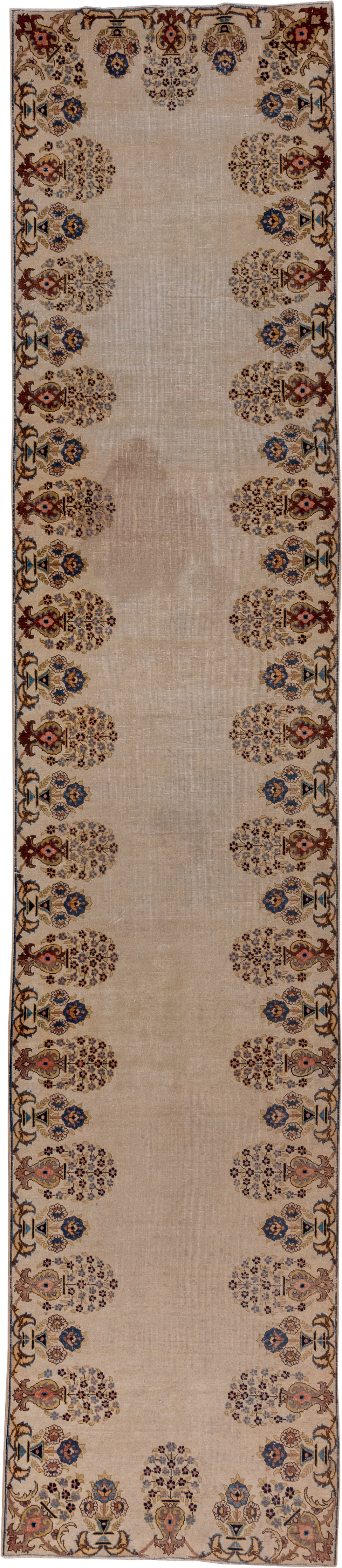 2' x 13' one-of-a-kind handmade antique Tabriz runner rug. Color palette: ivory, navy, taupe, rust, gold, camel, rose