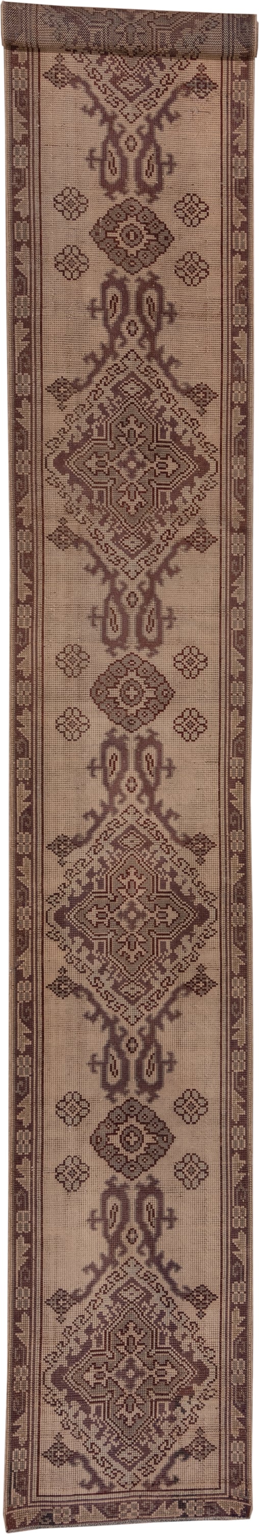 2' x 18' one-of-a-kind handmade antique Oushak runner rug. Color palette: taupe, brown, mauve, beige, gray, pink, purple