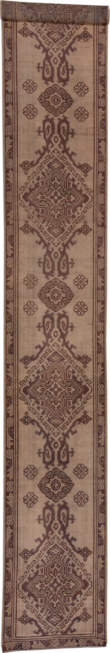 2' x 18' one-of-a-kind handmade antique Oushak runner rug. Color palette: taupe, brown, mauve, beige, gray, pink, purple