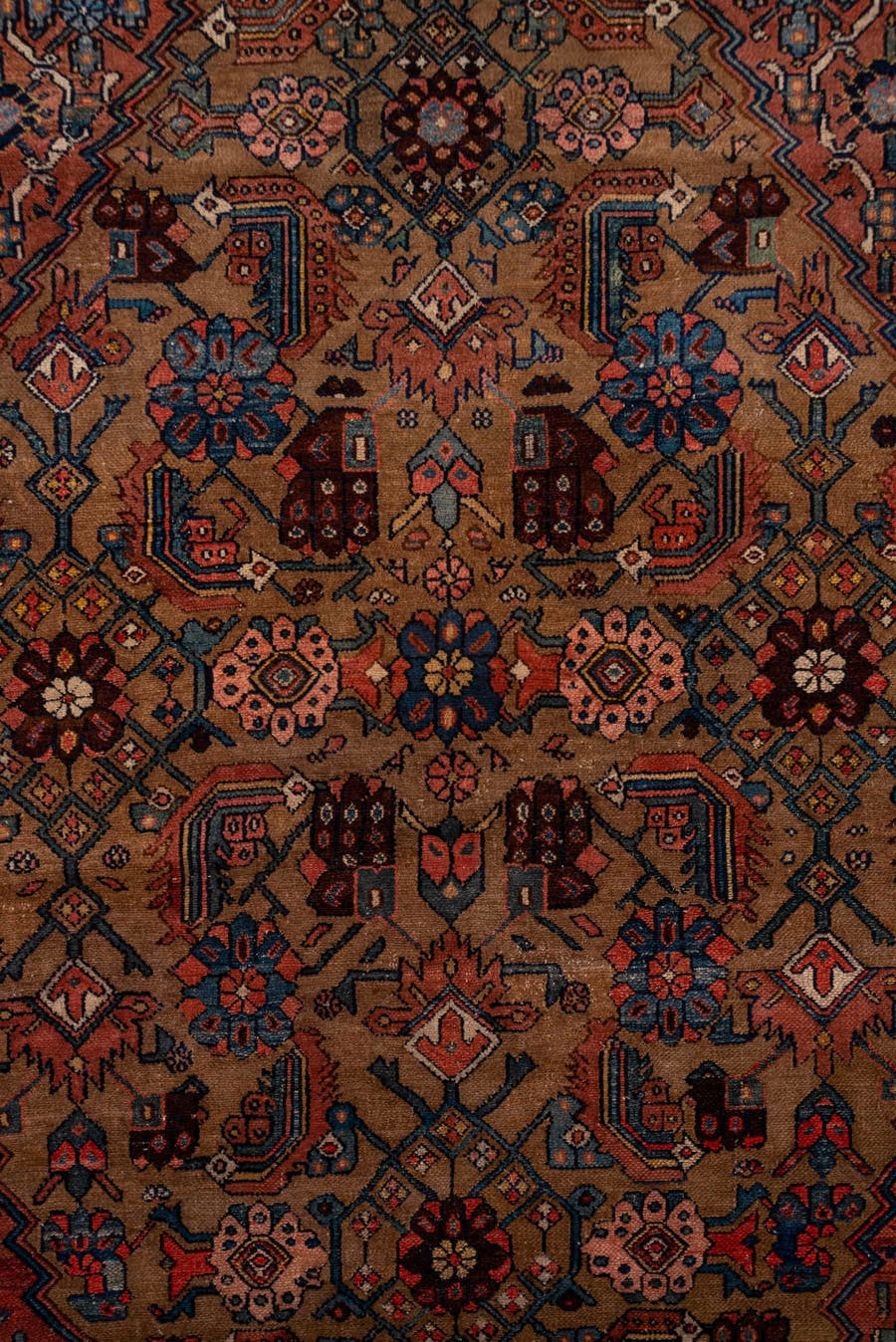 12' x 21' one-of-a-kind handmade antique Bibikabad oversize rug. Color palette: rust, navy, ivory, camel, terra cotta, slate