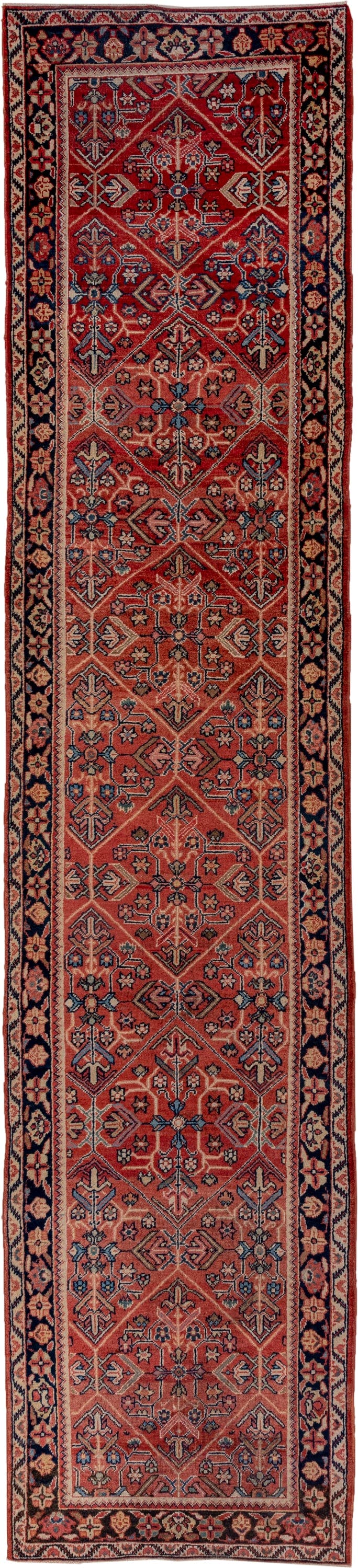 3' x 15' one-of-a-kind handmade antique Mahal runner rug. Color palette: rust, terra cotta, navy, ivory, slate, rose