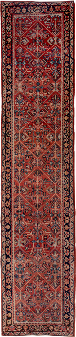 3' x 15' one-of-a-kind handmade antique Mahal runner rug. Color palette: rust, terra cotta, navy, ivory, slate, rose