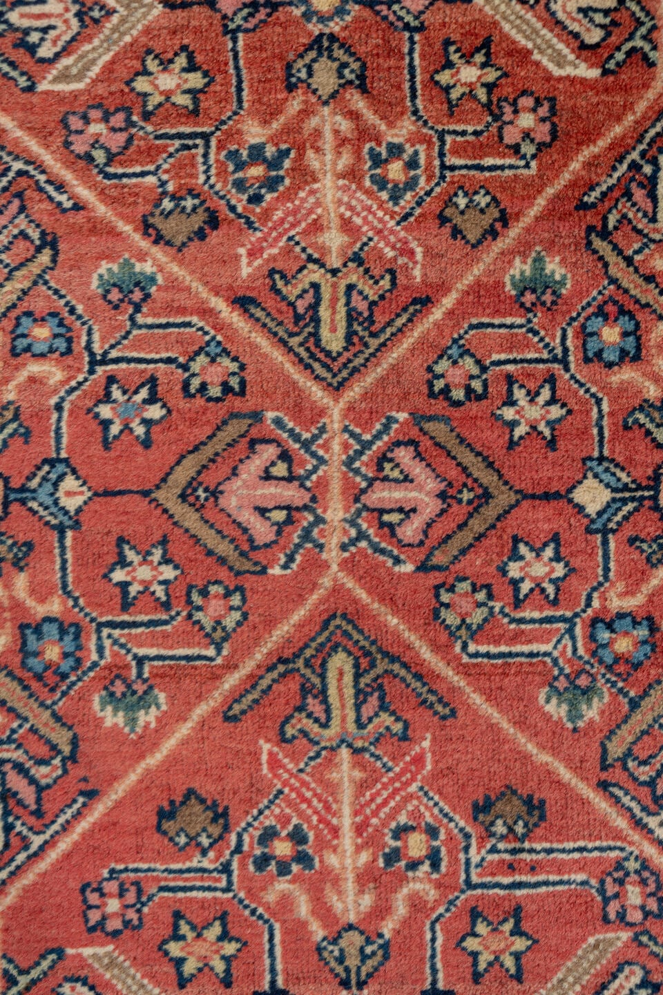 3' x 15' one-of-a-kind handmade antique Mahal runner rug. Color palette: rust, terra cotta, navy, ivory, slate, rose