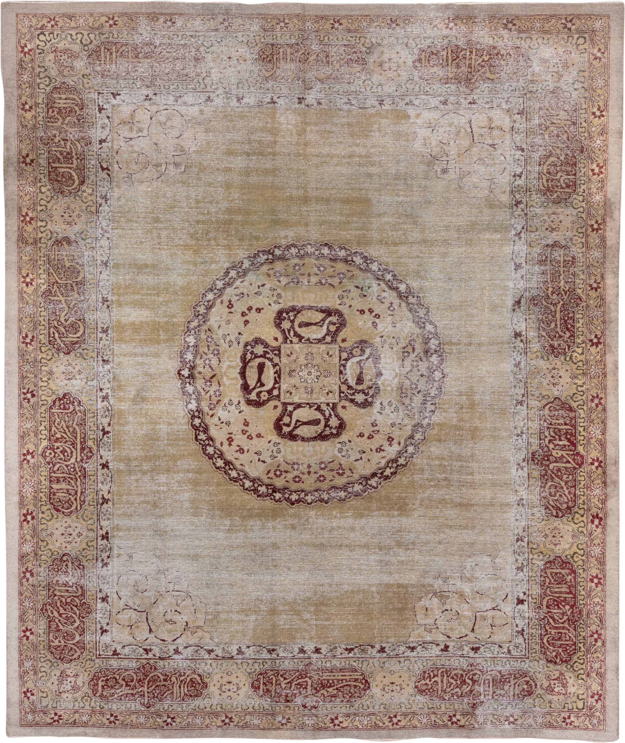 10' x 13' one-of-a-kind handmade antique Amritzar large size rug. Color palette: camel, ivory, burgundy, taupe, rose, sage
