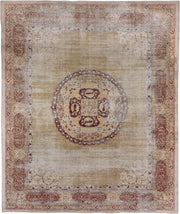 10' x 13' one-of-a-kind handmade antique Amritzar large size rug. Color palette: camel, ivory, burgundy, taupe, rose, sage