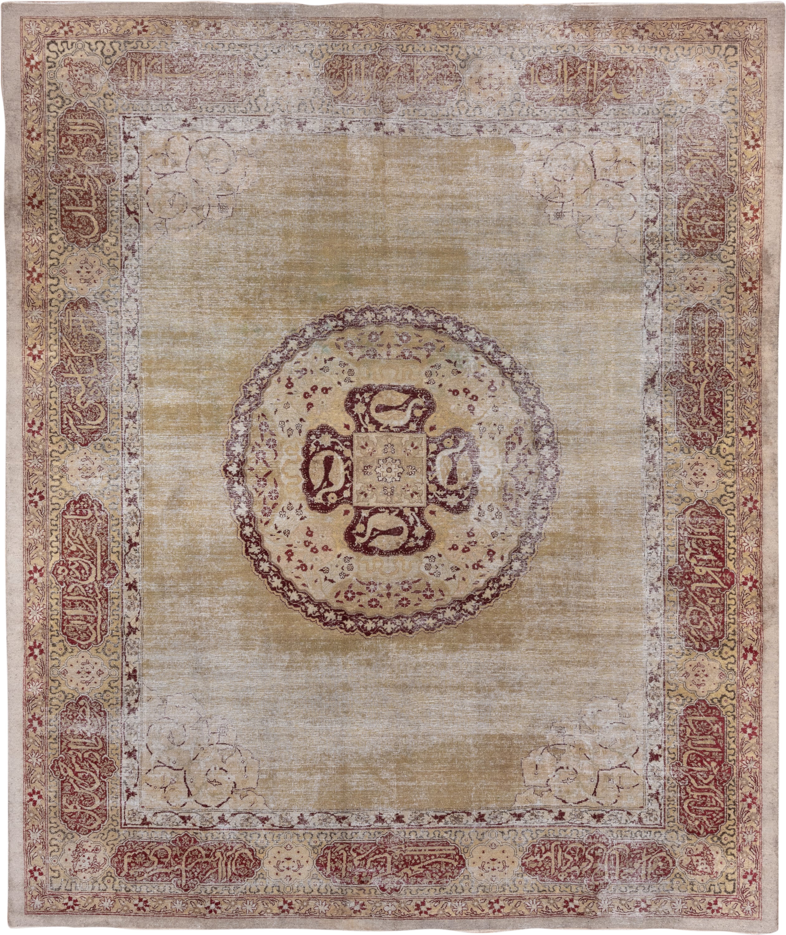 10' x 13' one-of-a-kind handmade antique Amritzar large size rug. Color palette: camel, ivory, burgundy, taupe, rose, sage