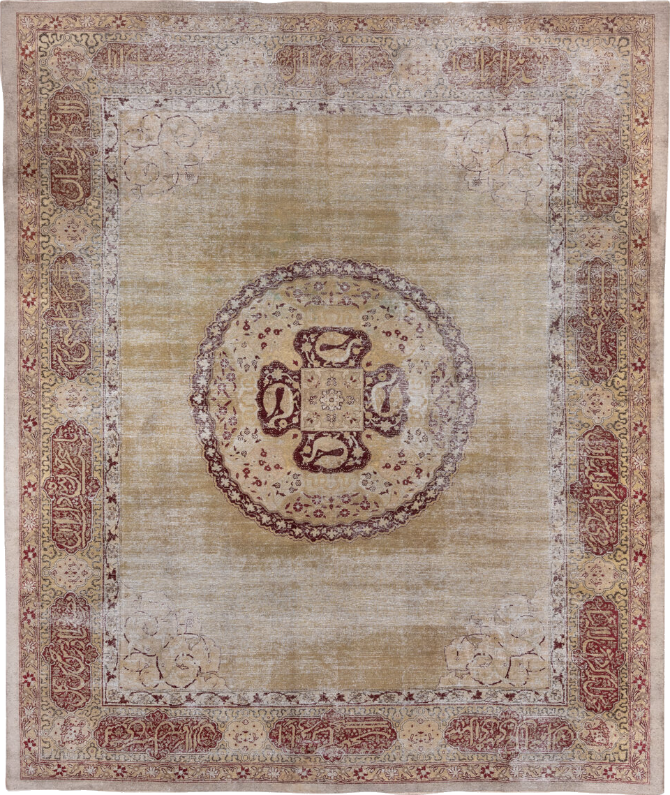 10' x 13' one-of-a-kind handmade vintage Amritzar large size rug. Color palette: brown, gray, light gray, off-white, pink