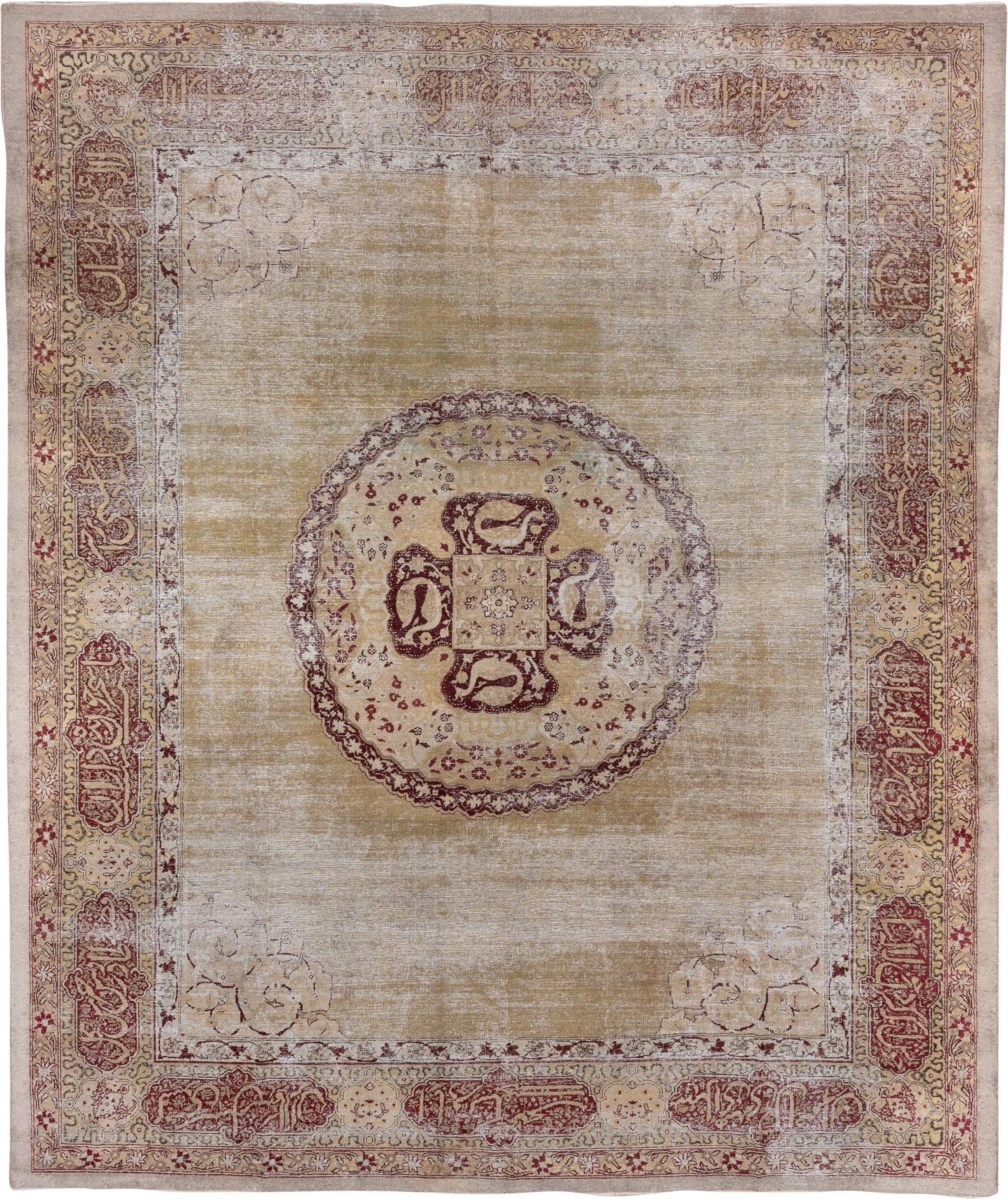 10' x 13' one-of-a-kind handmade antique Amritzar large size rug. Color palette: camel, ivory, burgundy, taupe, rose, sage