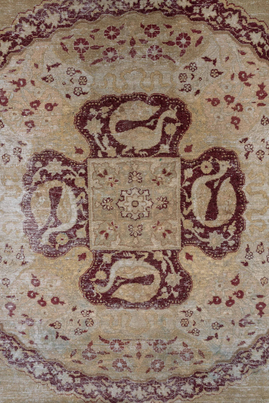 10' x 13' one-of-a-kind handmade antique Amritzar large size rug. Color palette: camel, ivory, burgundy, taupe, rose, sage