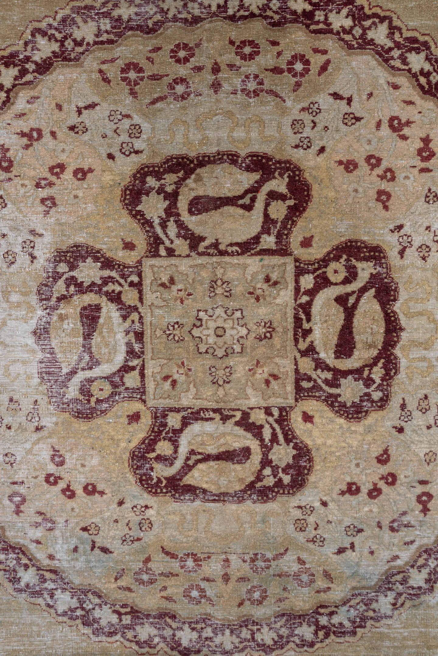 10' x 13' one-of-a-kind handmade antique Amritzar large size rug. Color palette: camel, ivory, burgundy, taupe, rose, sage