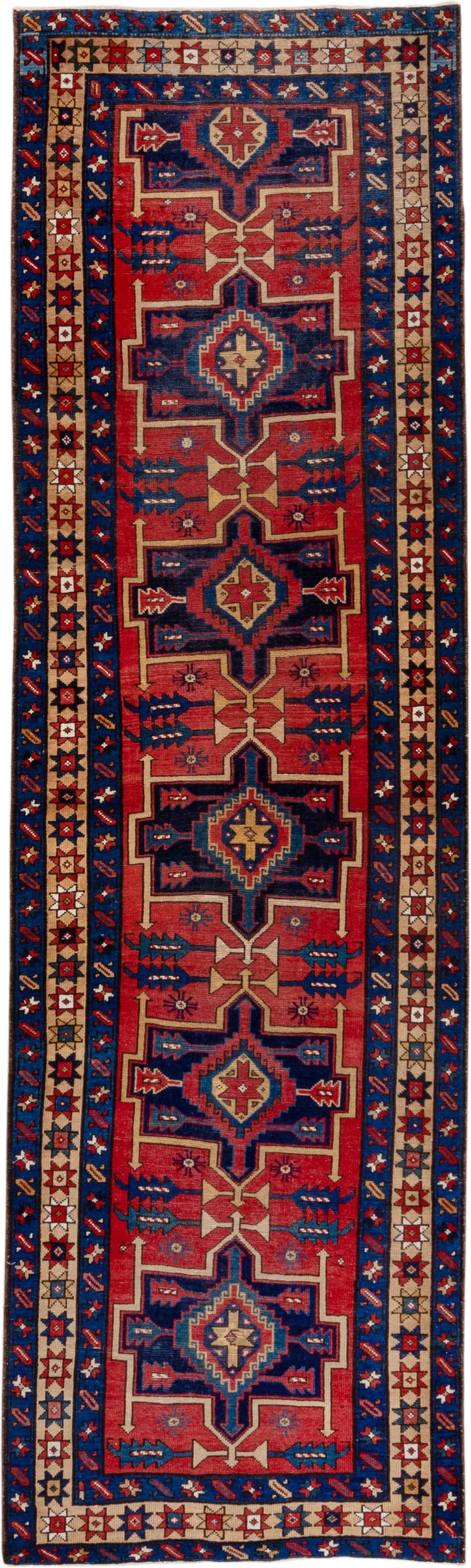 3' x 10' one-of-a-kind handmade antique Heriz runner rug. Color palette: red, navy, ivory, camel, rust, charcoal, blue