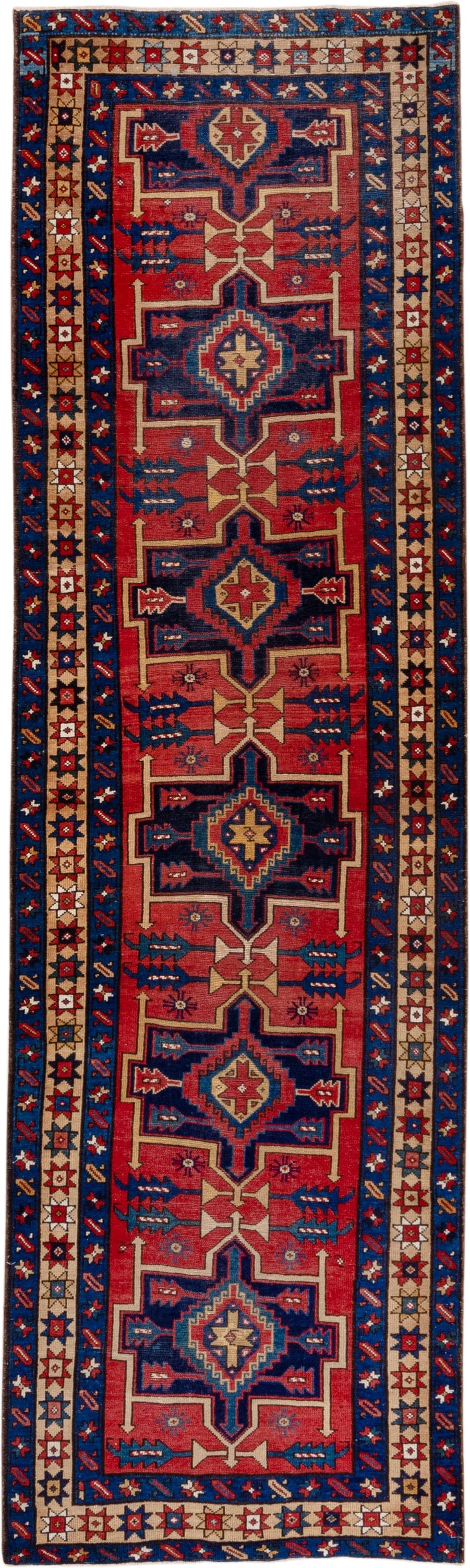 3' x 10' one-of-a-kind handmade antique Heriz runner rug. Color palette: red, navy, ivory, camel, rust, charcoal, blue