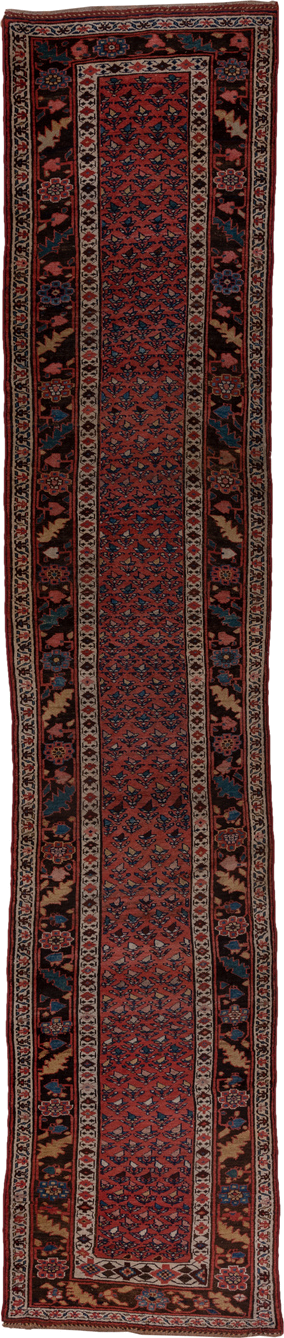 2' x 14' one-of-a-kind handmade antique Kurd Bidjar runner rug. Color palette: rust, navy, ivory, crimson, camel, indigo