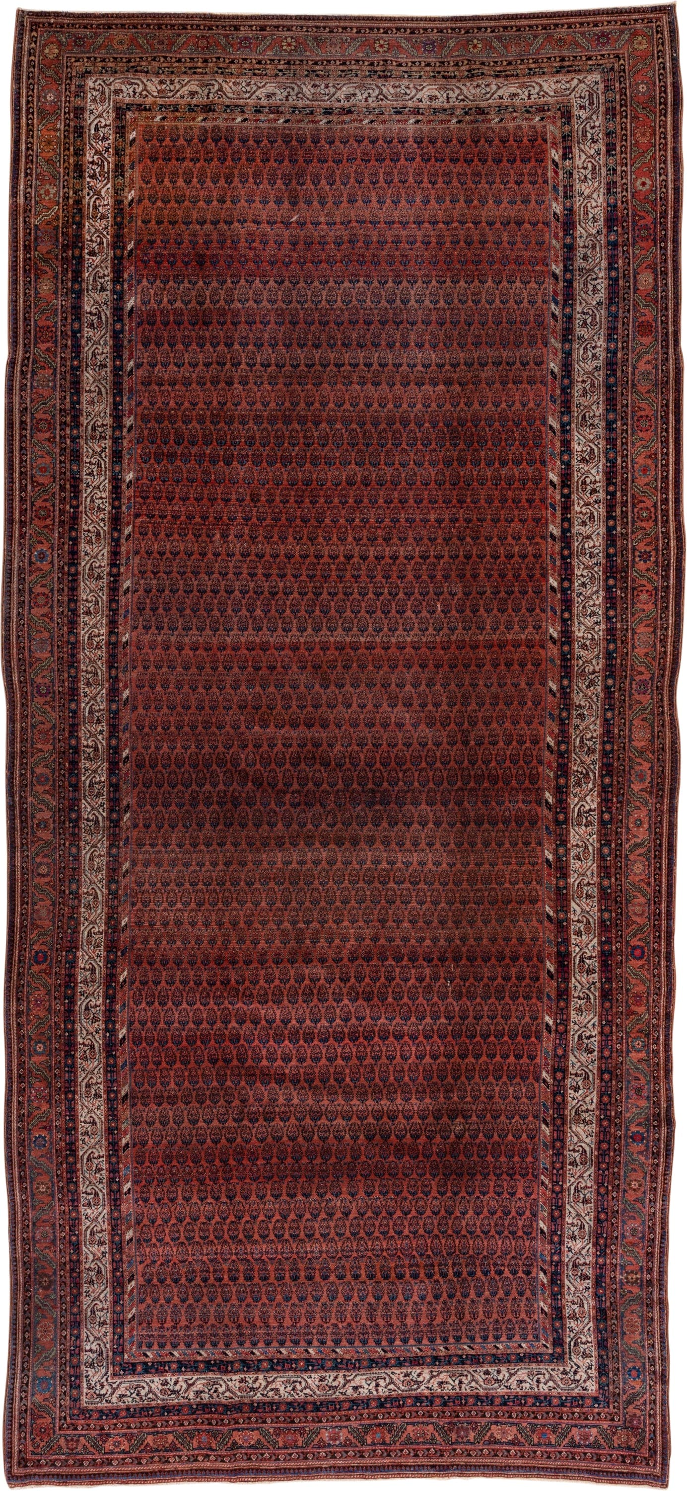 7' x 15' one-of-a-kind handmade antique Saraband rug. Color palette: rust, navy, ivory, terra cotta, charcoal, camel