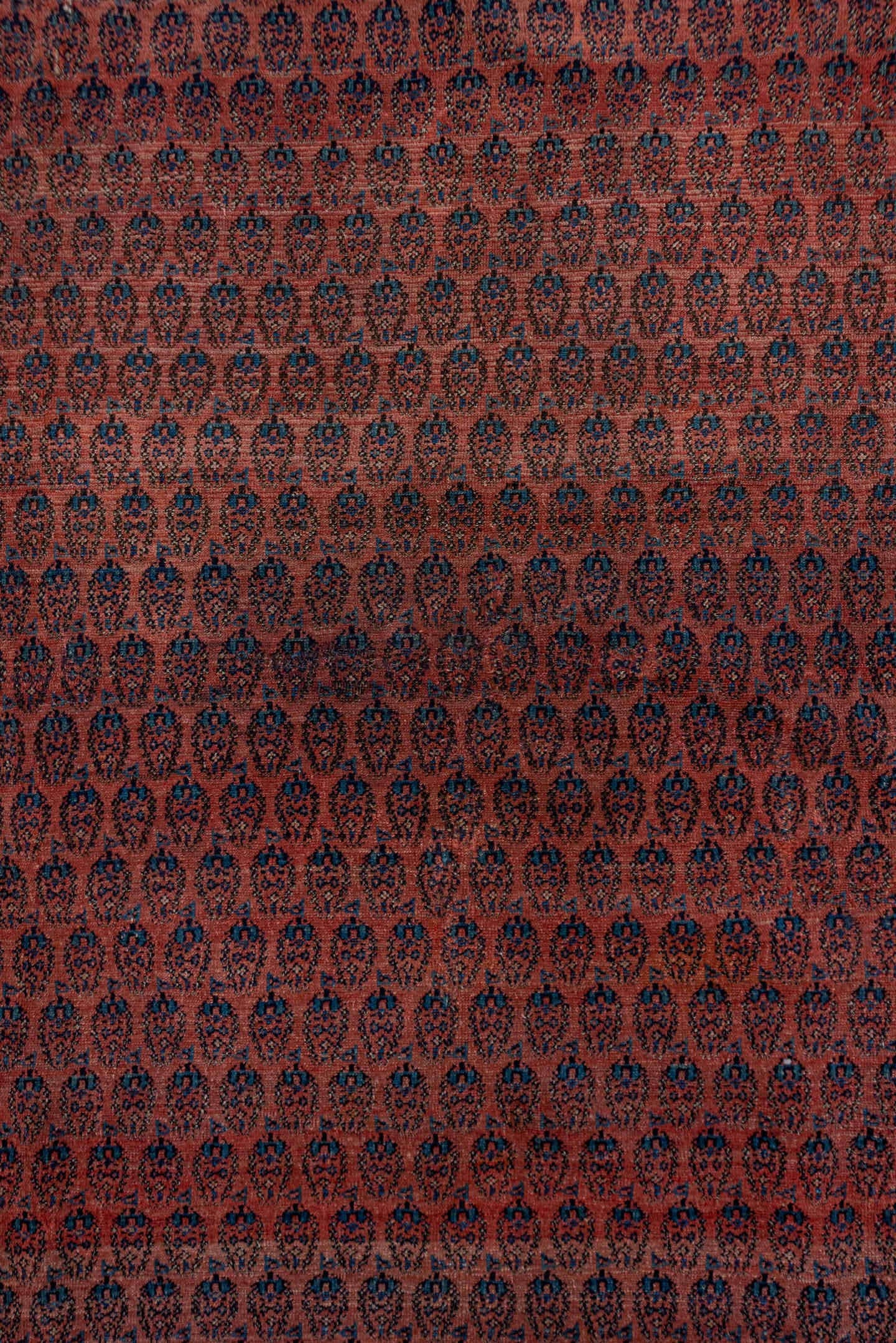 7' x 15' one-of-a-kind handmade antique Saraband rug. Color palette: rust, navy, ivory, terra cotta, charcoal, camel