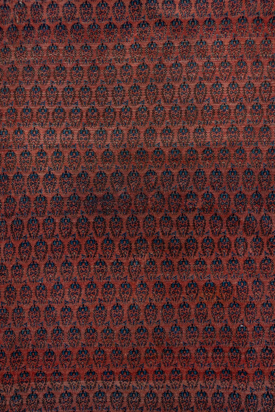 7' x 15' one-of-a-kind handmade antique Saraband rug. Color palette: rust, navy, ivory, terra cotta, charcoal, camel