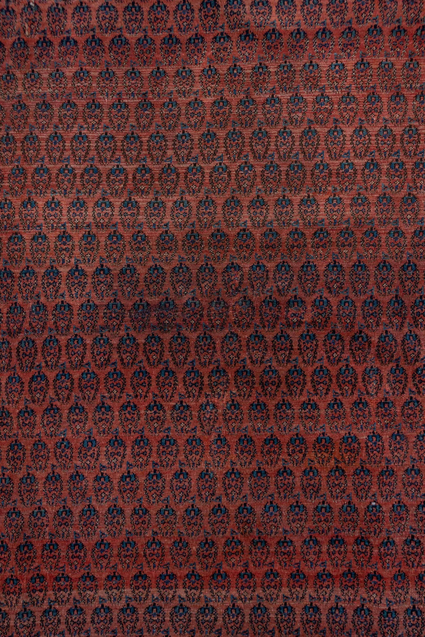 7' x 15' one-of-a-kind handmade antique Saraband rug. Color palette: rust, navy, ivory, terra cotta, charcoal, camel