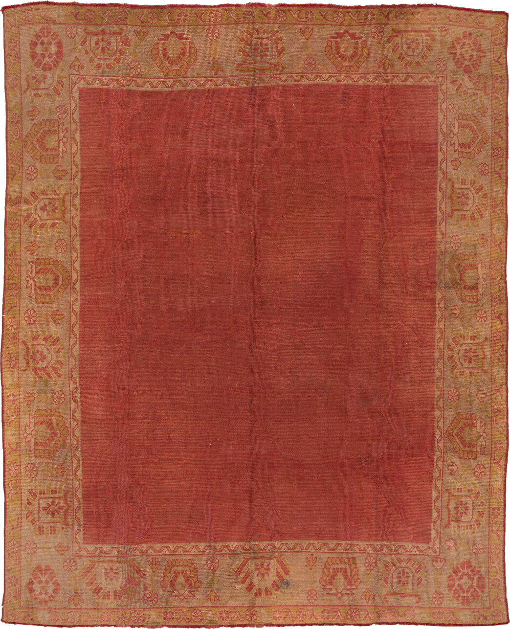 9' x 11' one-of-a-kind handmade antique Oushak large size rug. Color palette: terra cotta, gold, camel, rose, saffron