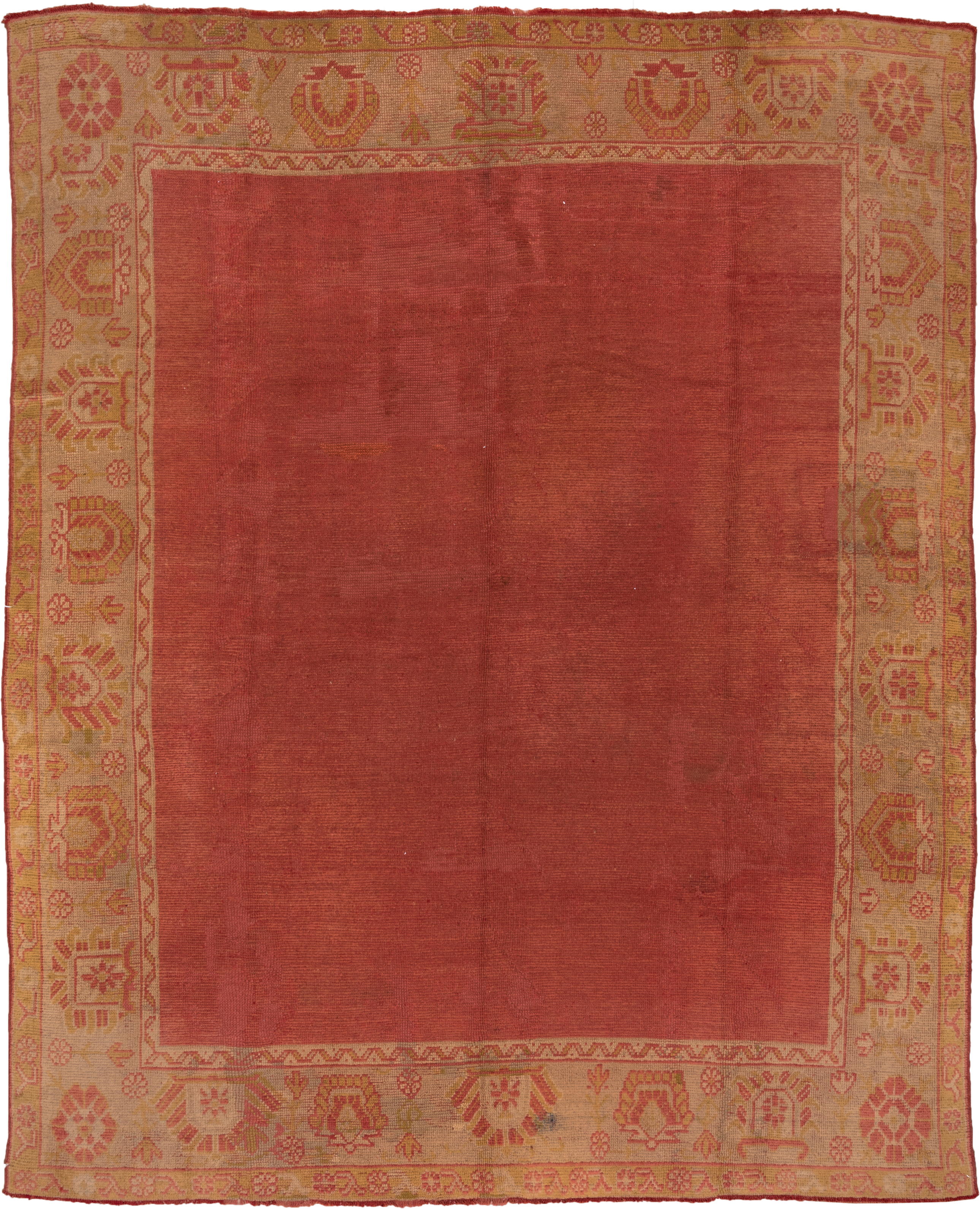 9' x 11' one-of-a-kind handmade antique Oushak large size rug. Color palette: terra cotta, gold, camel, rose, saffron