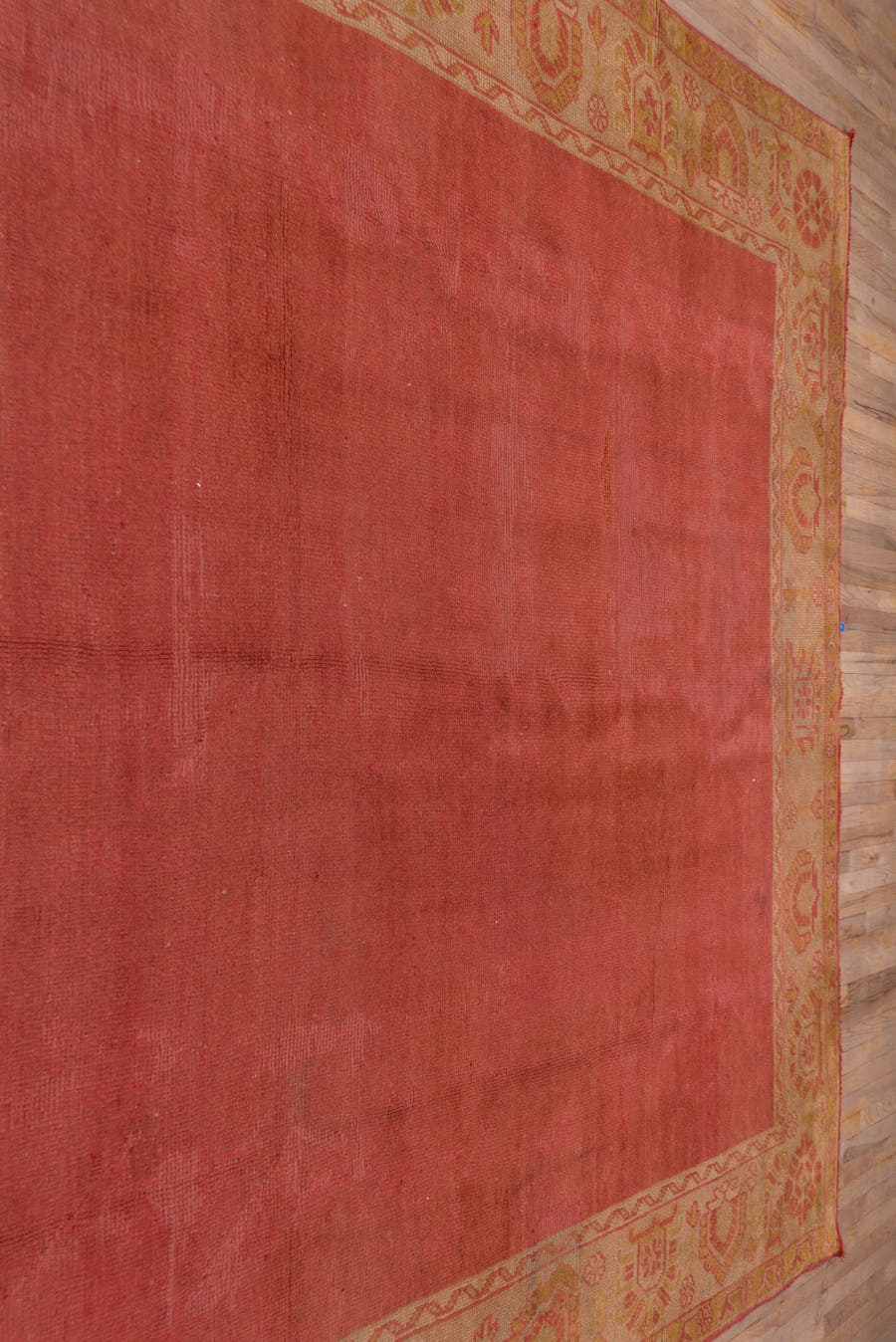 9' x 11' one-of-a-kind handmade antique Oushak large size rug. Color palette: terra cotta, gold, camel, rose, saffron